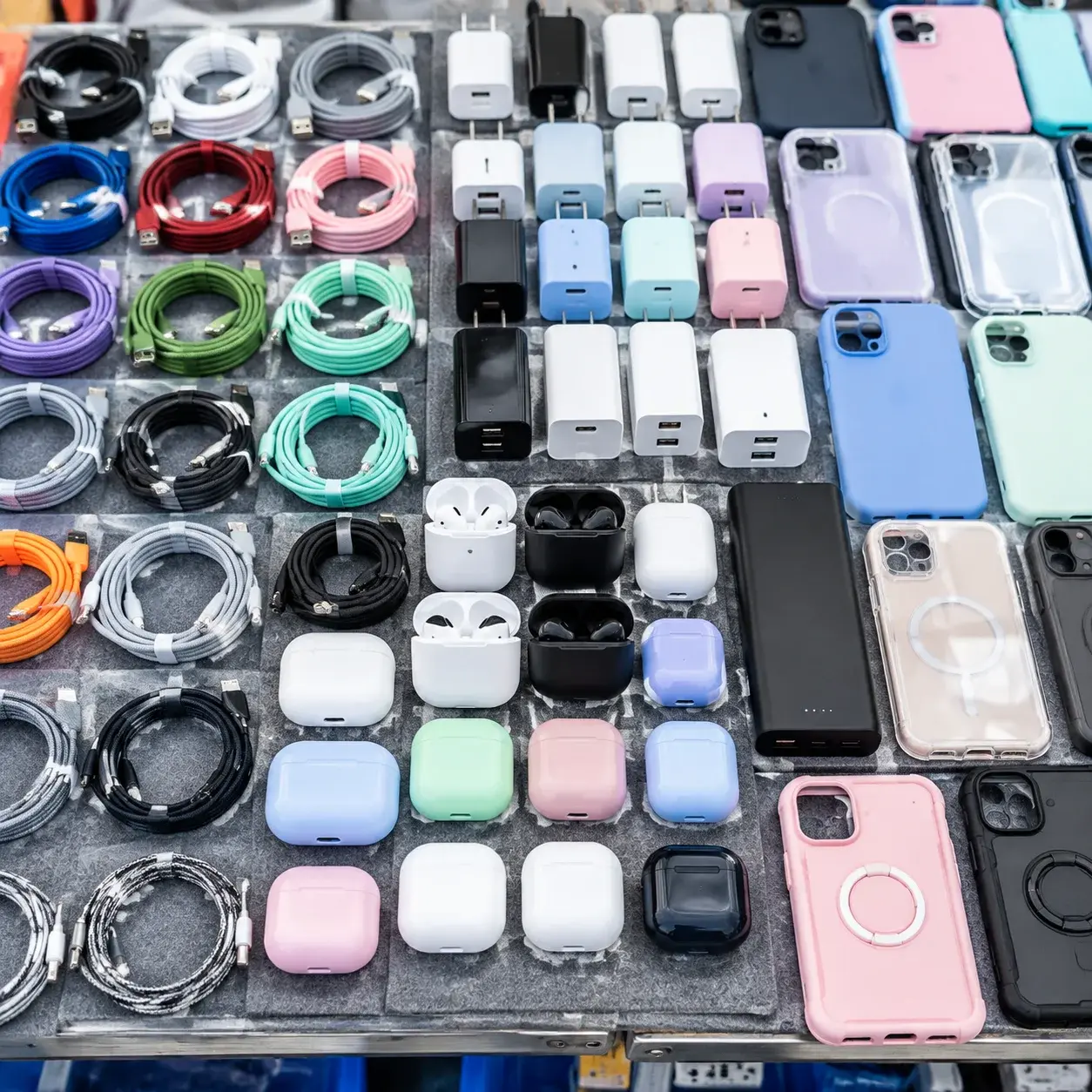 Phone accessories, cables and a power bank on a stall counter at Huaqiangbei.