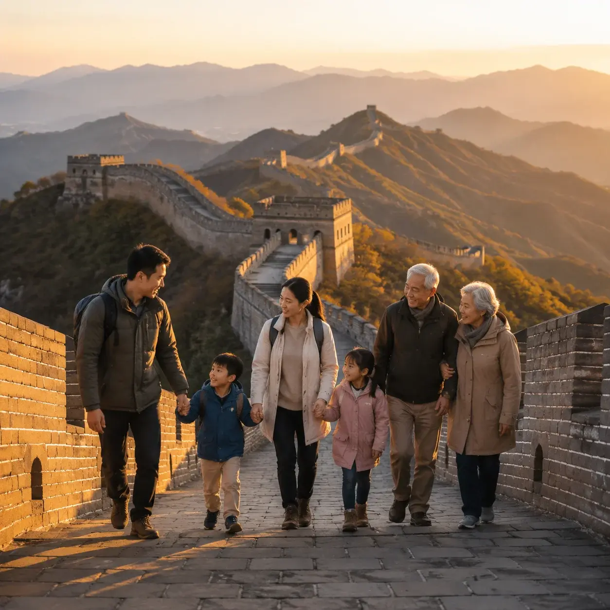 A family with young children explores the Great Wall at sunrise with mountains fading into the distance.