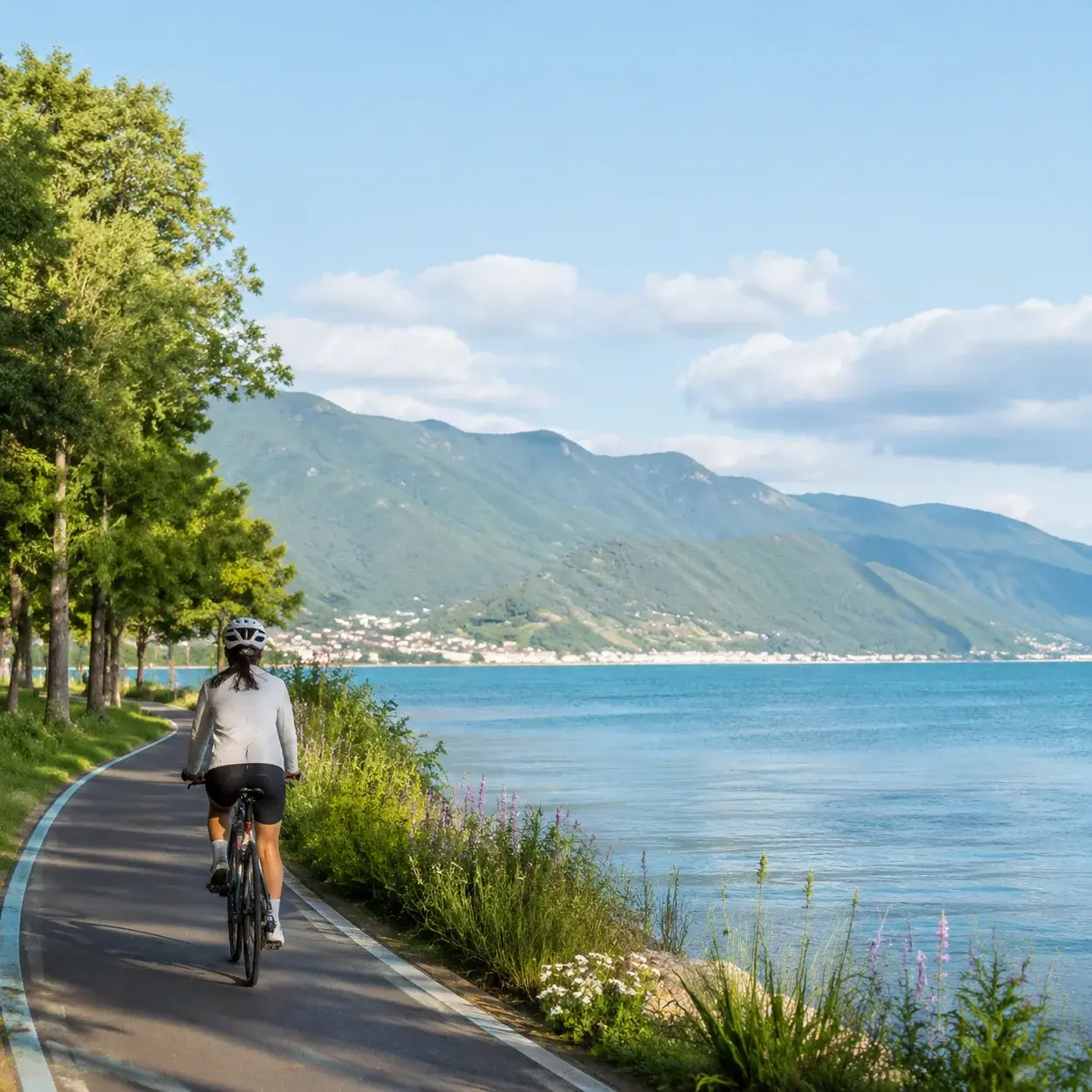A cyclist on the lakeside ecological corridor along Erhai Lake
