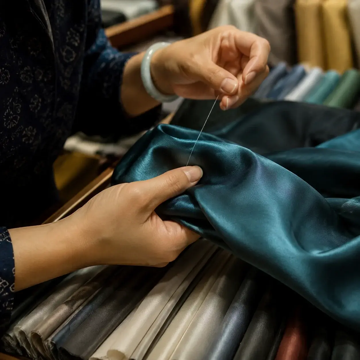 Close-up of hands examining a silk swatch and loose thread in a shop while checking the fabric's sheen and texture.
