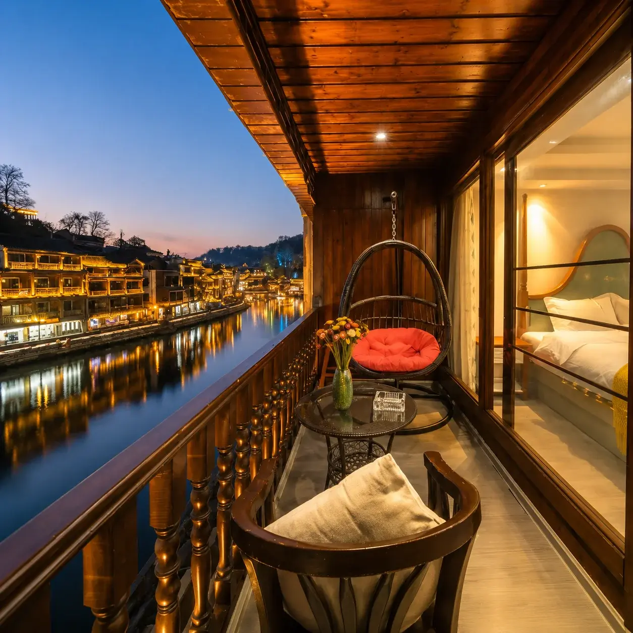 A stilt-house guesthouse balcony overlooking the Tuo River at dusk in Fenghuang
