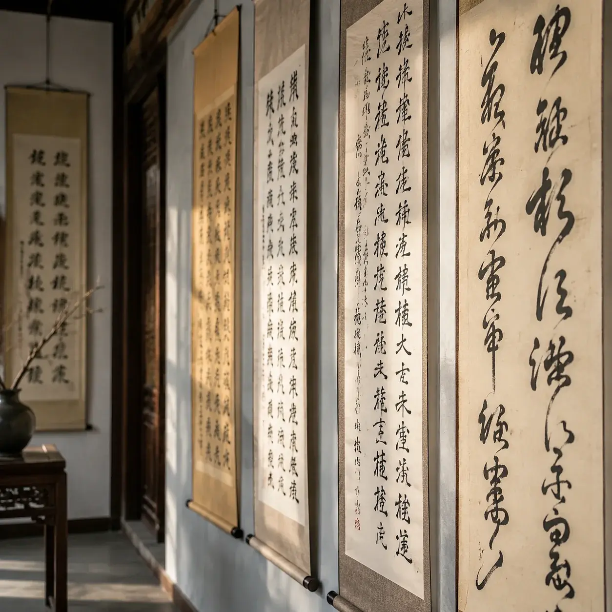 Several hanging Chinese calligraphy scrolls in different brush styles are displayed in a softly lit gallery.
