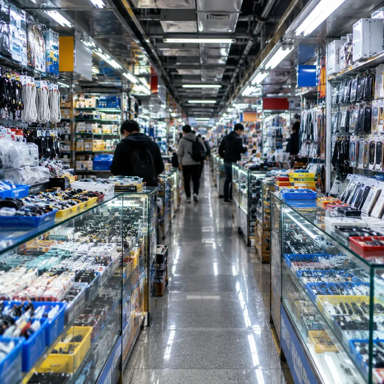 An aisle of component stalls inside Shenzhen's Huaqiangbei electronics market.