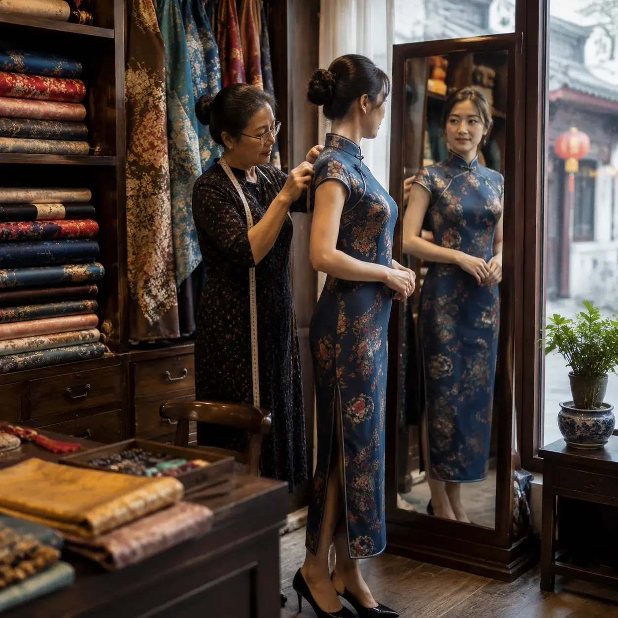 A woman tries on a fitted cheongsam in a Shanghai tailor shop while a seamstress adjusts the dress.