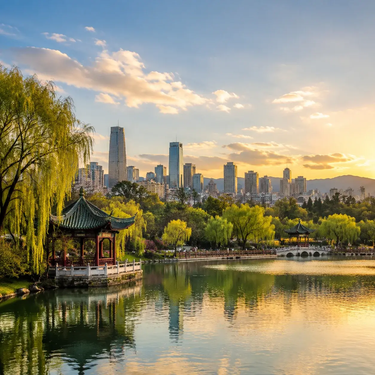Green Lake Park and the Kunming skyline in soft golden light