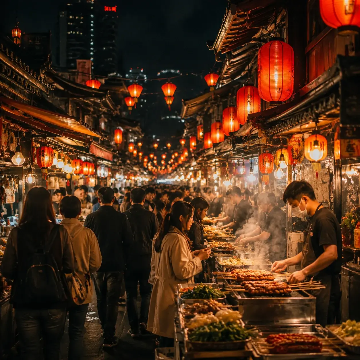 A glowing Chinese night market at night
