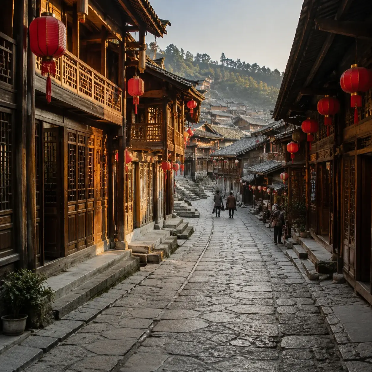 A quiet car-free flagstone street winding through Furong Ancient Town in the morning