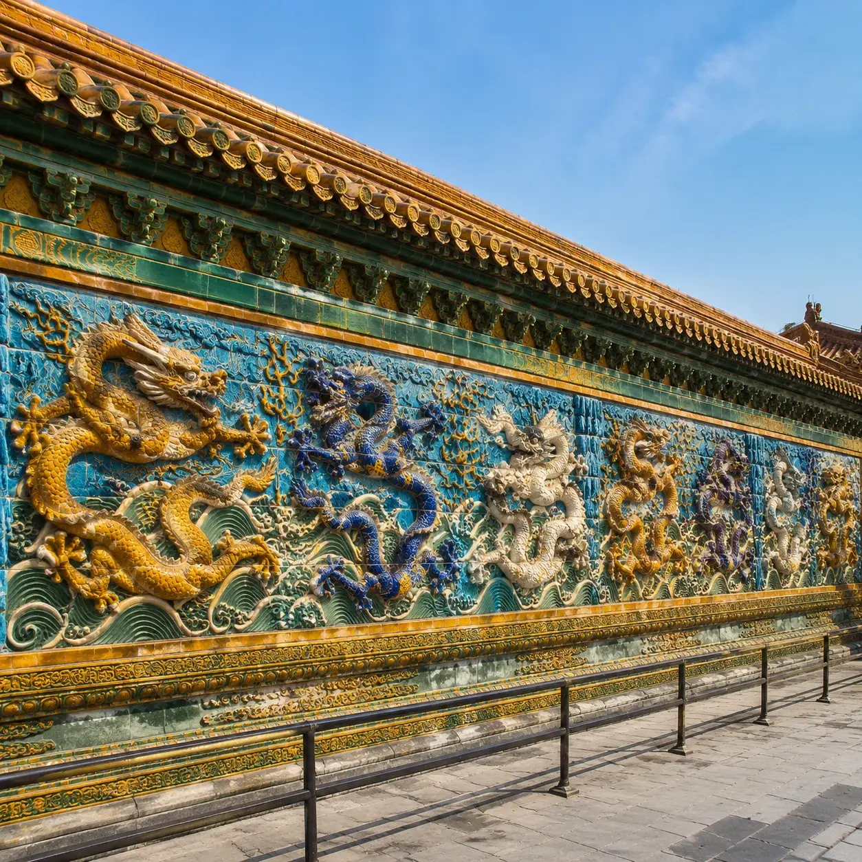 Colorful glazed dragons on a Chinese Nine-Dragon Wall screen