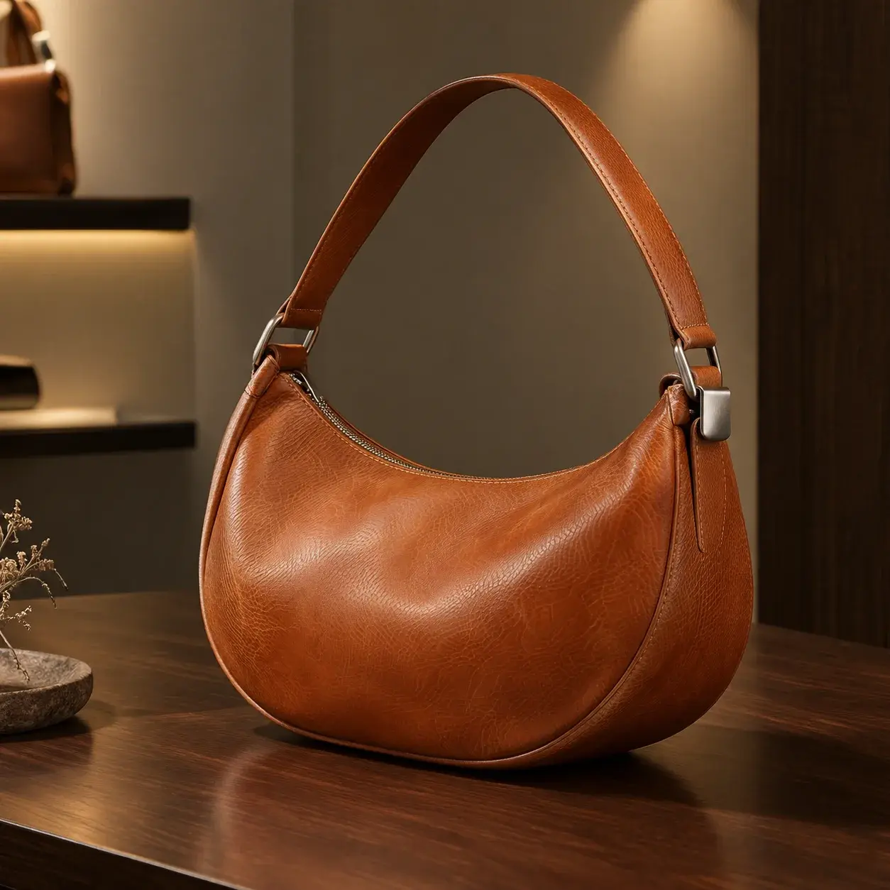 Close-up of a full-grain leather crescent bag in a minimalist Shanghai boutique.