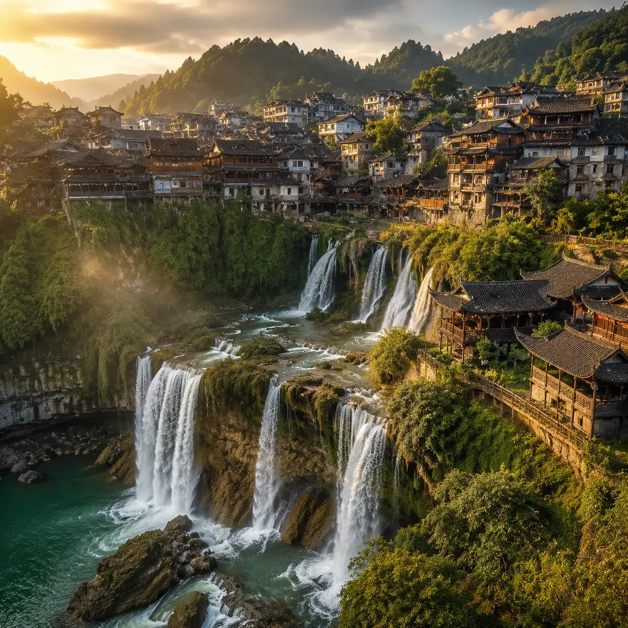 Furong Ancient Town's stilt houses perched on cliffs above its wide waterfall in western Hunan