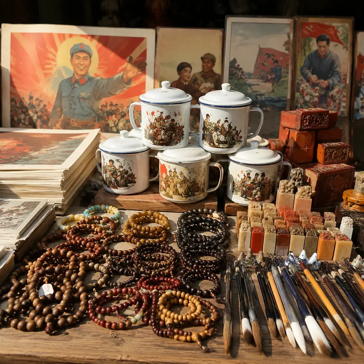 Chops, beads and craft souvenirs on a market table