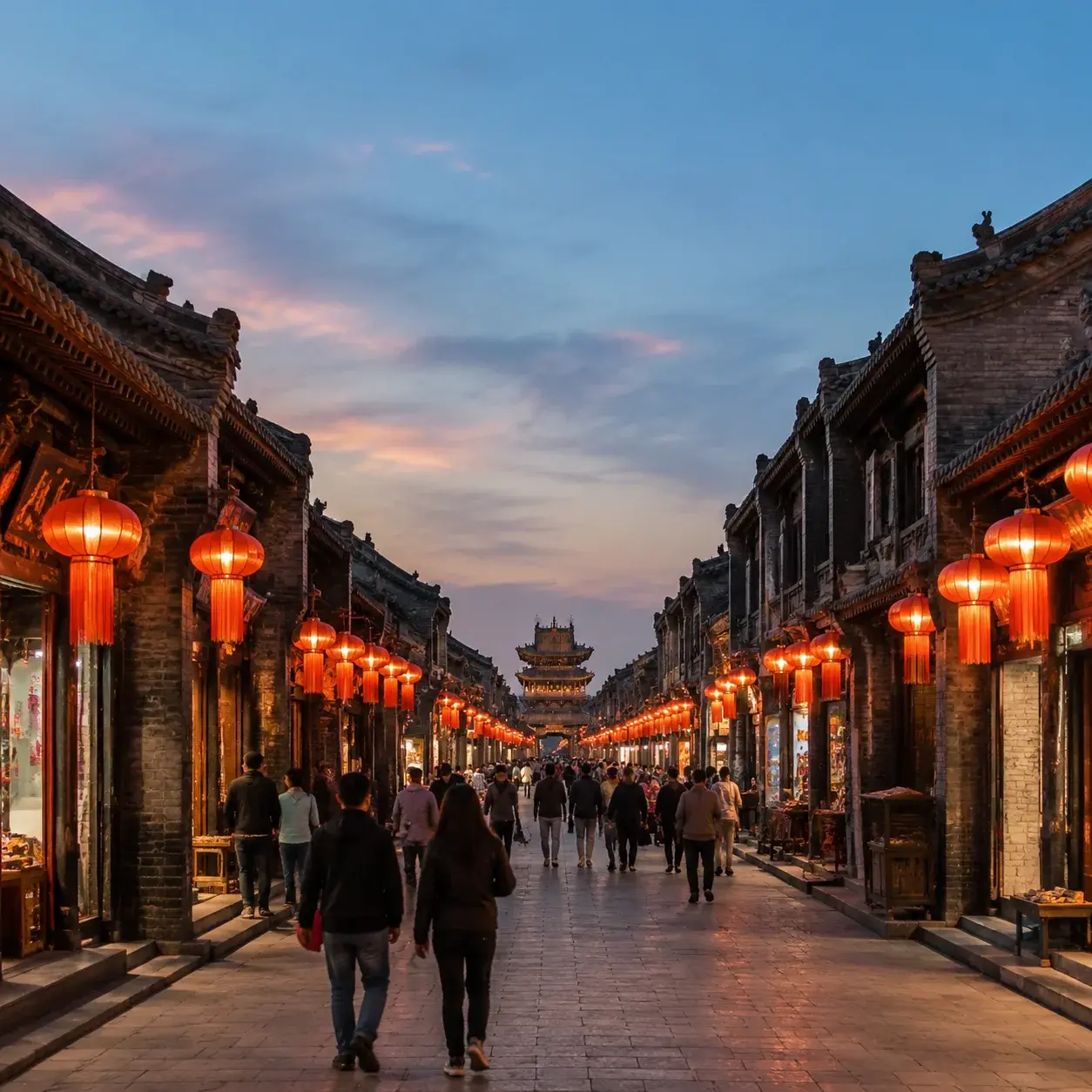 Red lanterns glowing over the pedestrianized main street of Pingyao at dusk