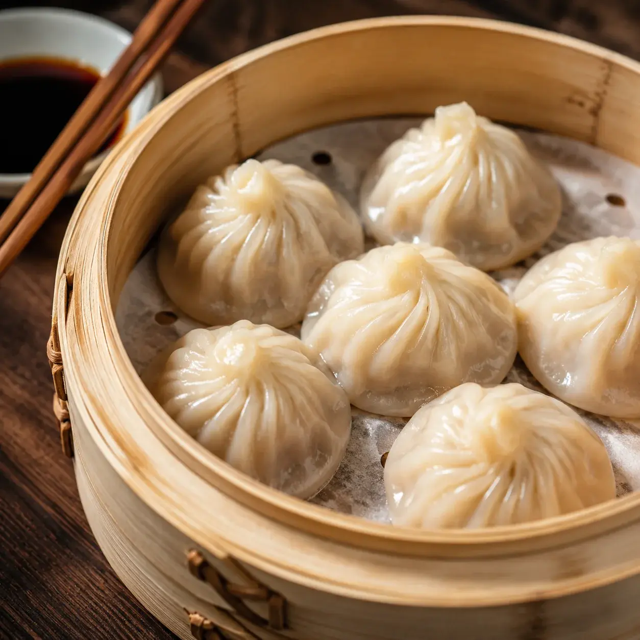 A steamer of Shanghai soup dumplings