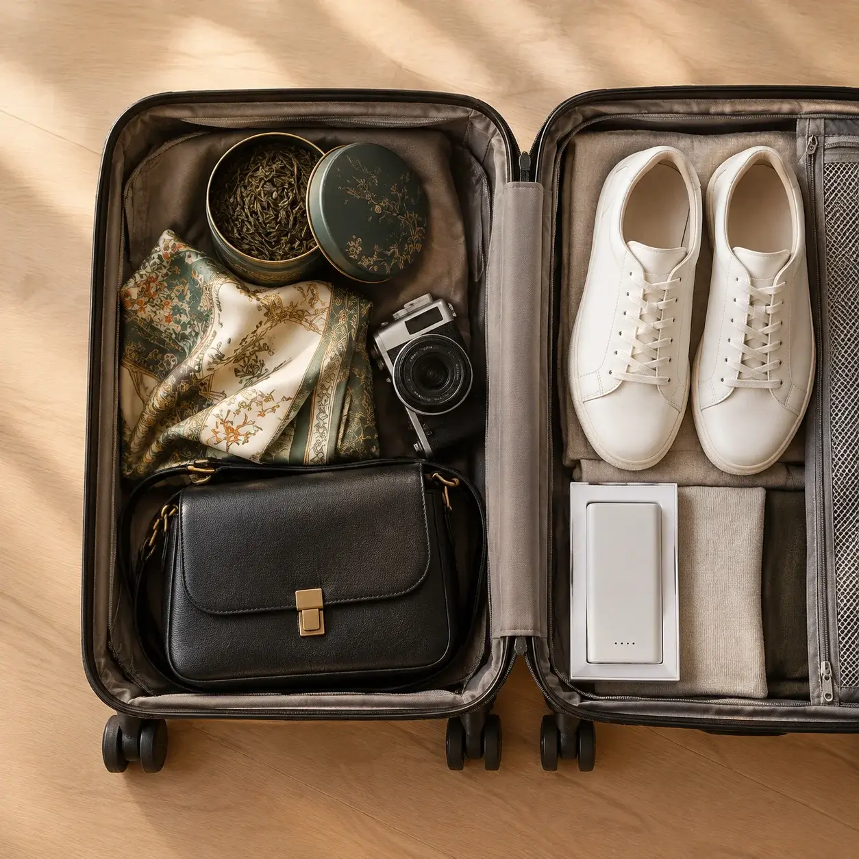 An open suitcase packed with things to buy in China: tea, a silk scarf, a camera, a leather bag and sneakers.