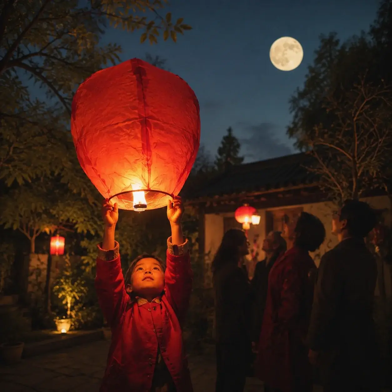 A child carrying a glowing red lantern through a lantern-lit garden on Mid-Autumn night