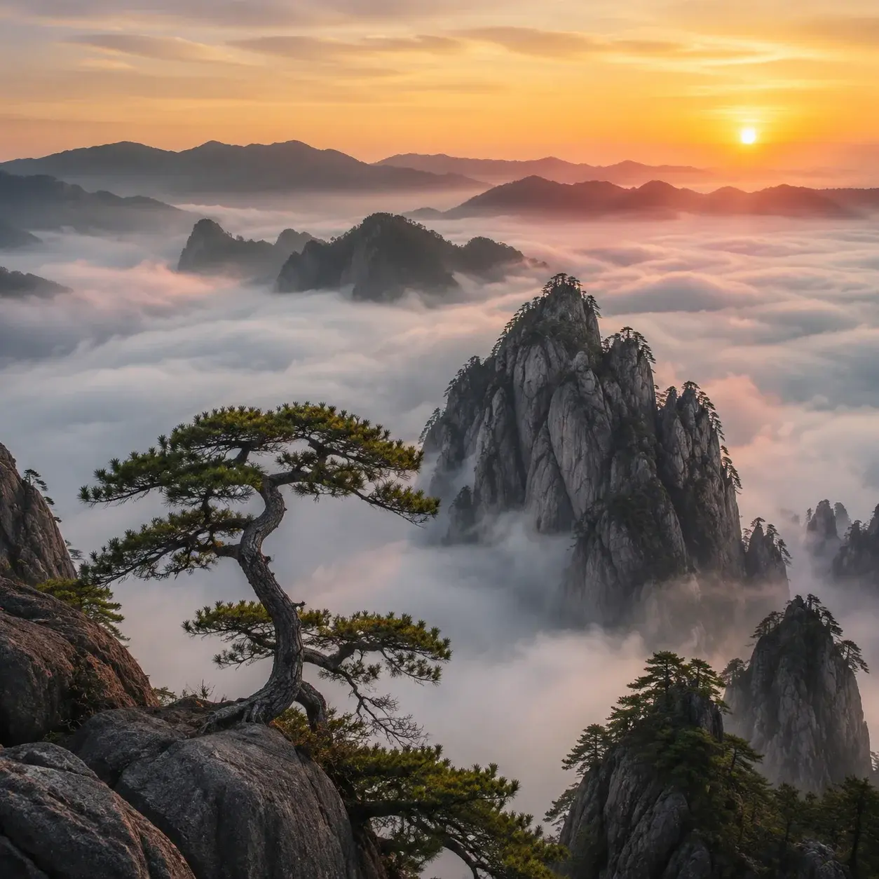 Twisted pines and granite peaks of Huangshan rising above a sea of clouds at sunrise