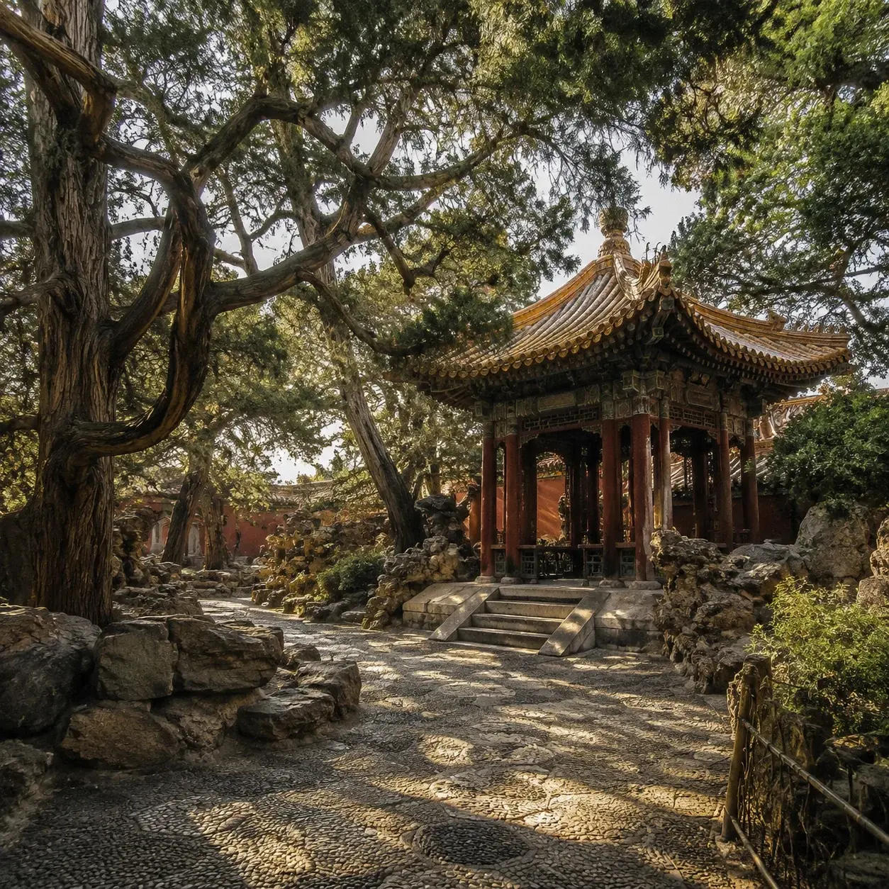 Ancient cypresses and a pavilion in the Imperial Garden of the Forbidden City in Beijing