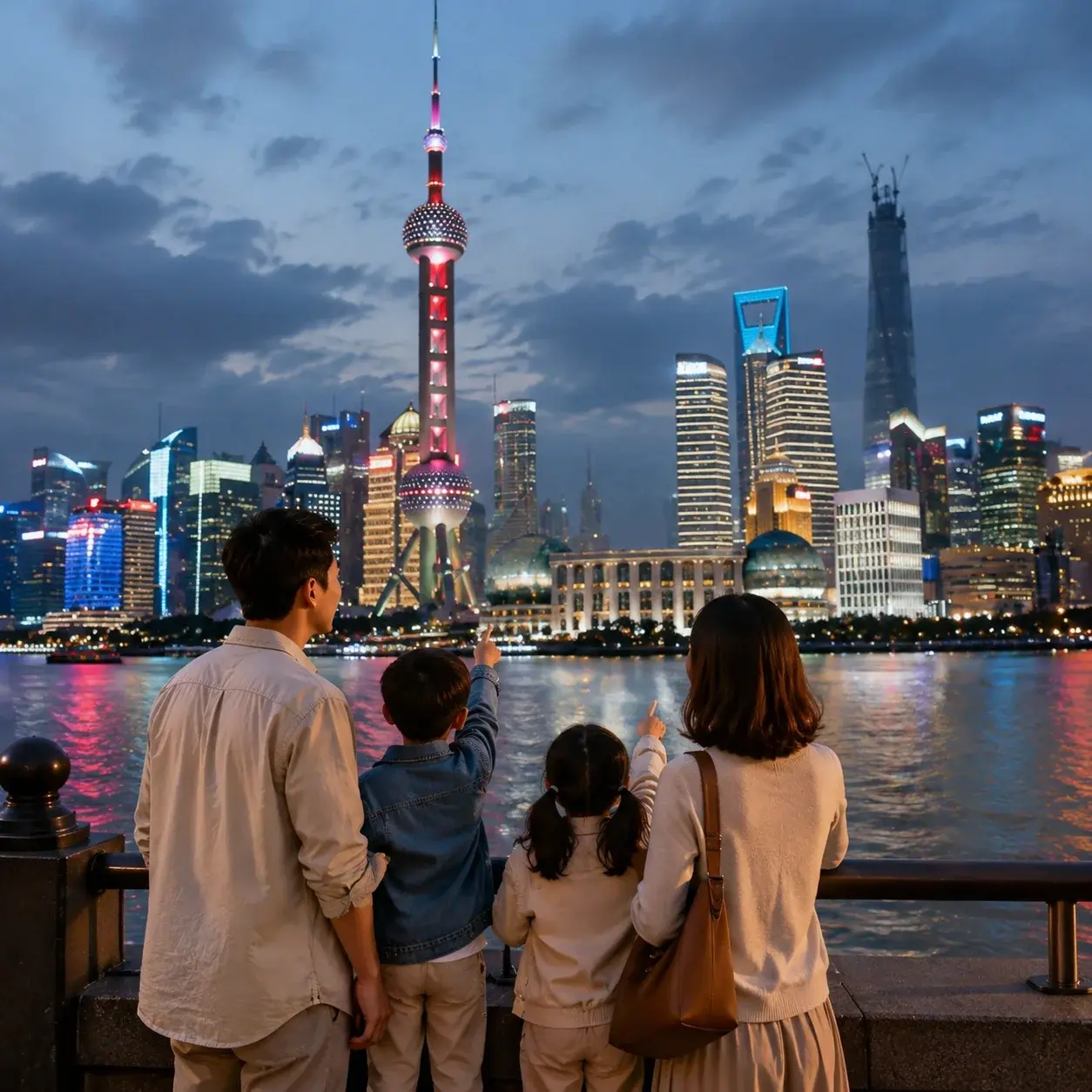 A family on the Shanghai Bund at dusk with the illuminated Pudong skyline and Oriental Pearl Tower across the river.