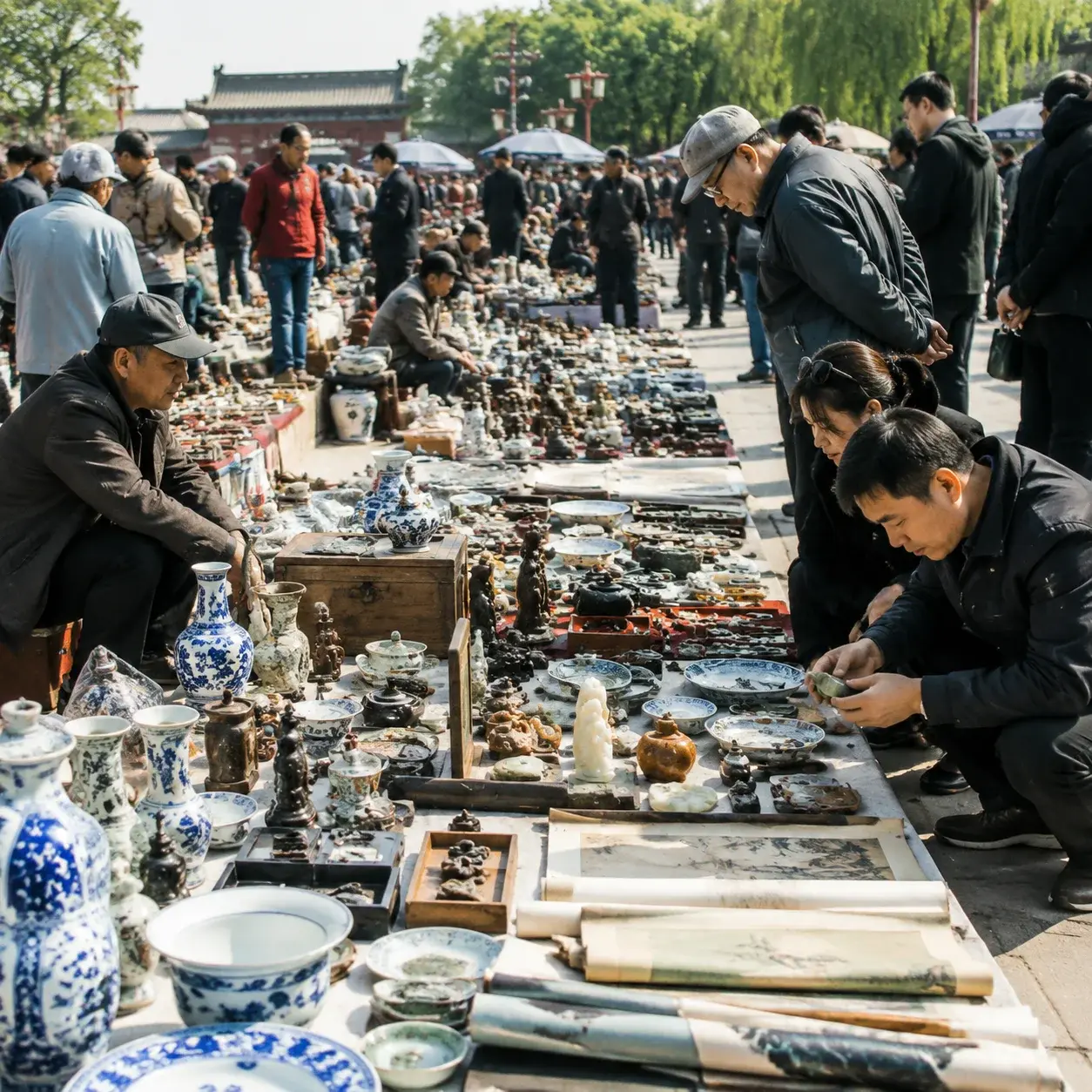 Bustling weekend antique flea market in Beijing