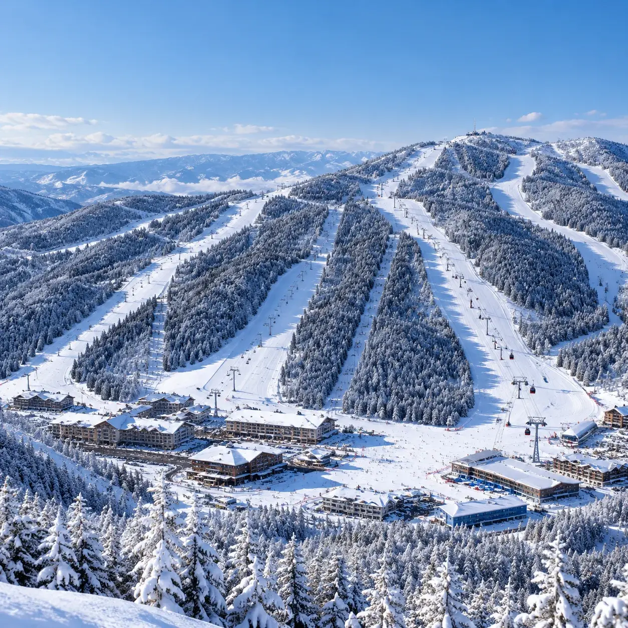 Parallel groomed pistes and chairlifts on a forested mountainside at a large ski resort in China