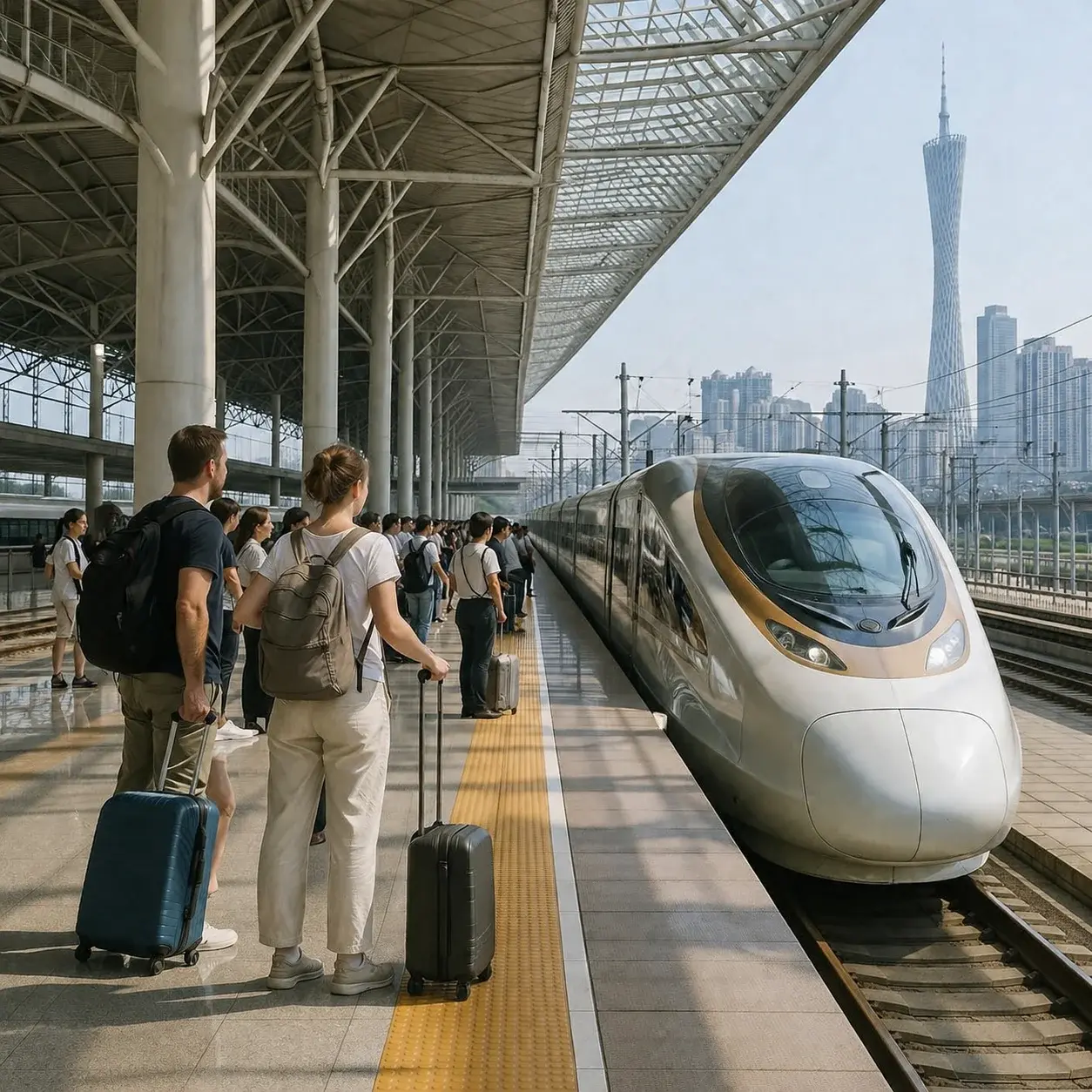 Passengers with carry-on luggage boarding a high-speed train at a large station in Guangzhou.