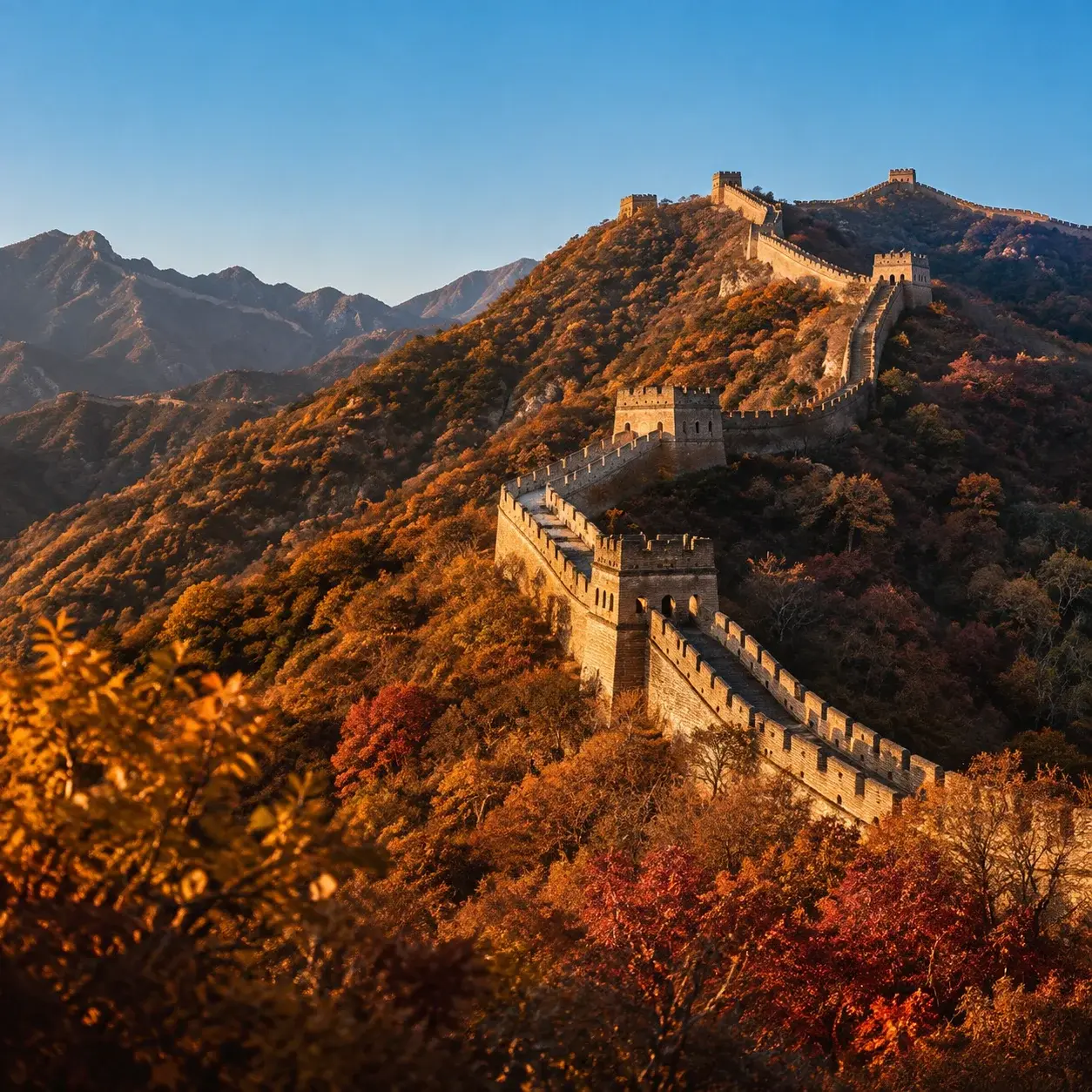 The Great Wall of China crossing hillsides of golden autumn foliage in late-afternoon light