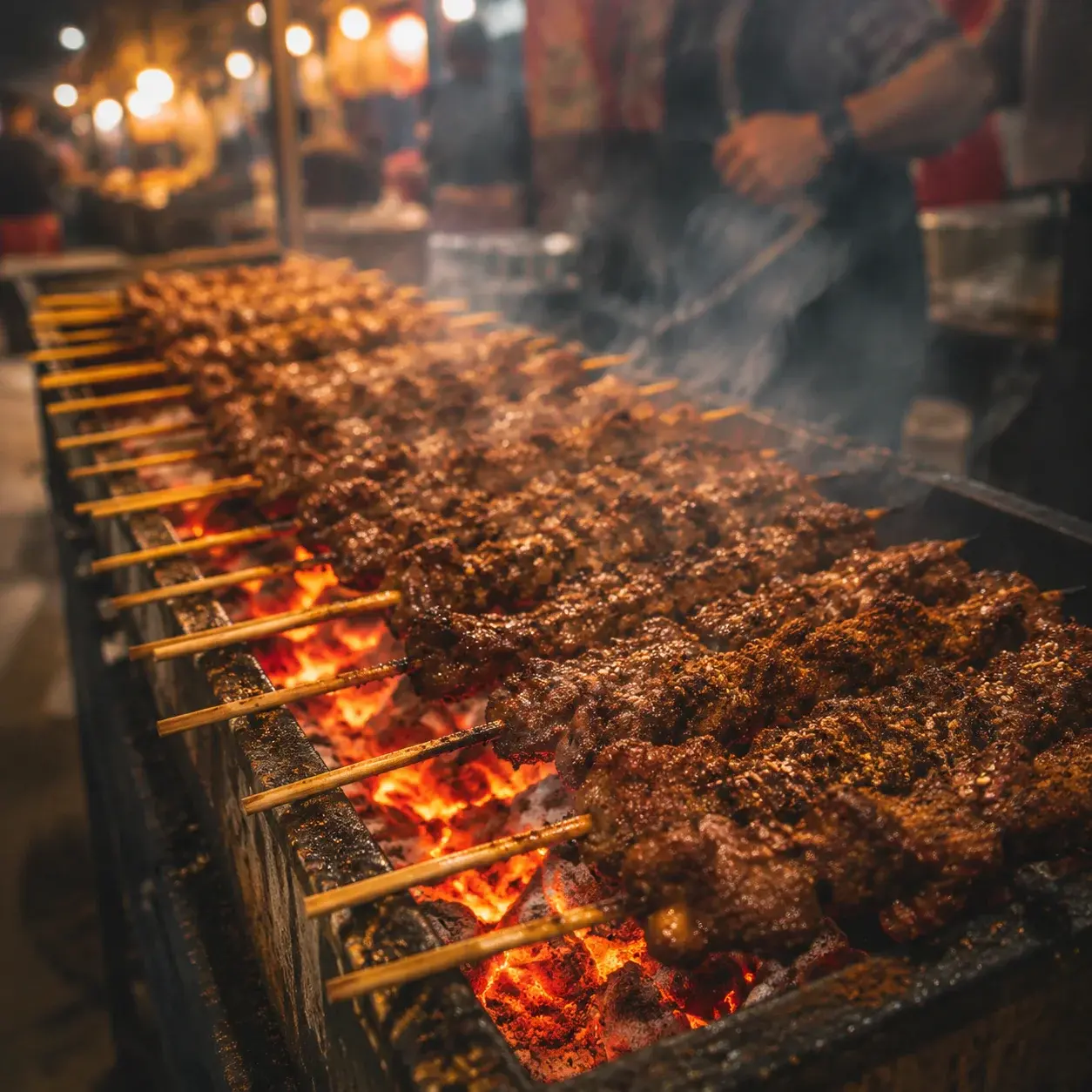 夜市攤位上,撒上孜然的羊肉串在炭火上燒烤