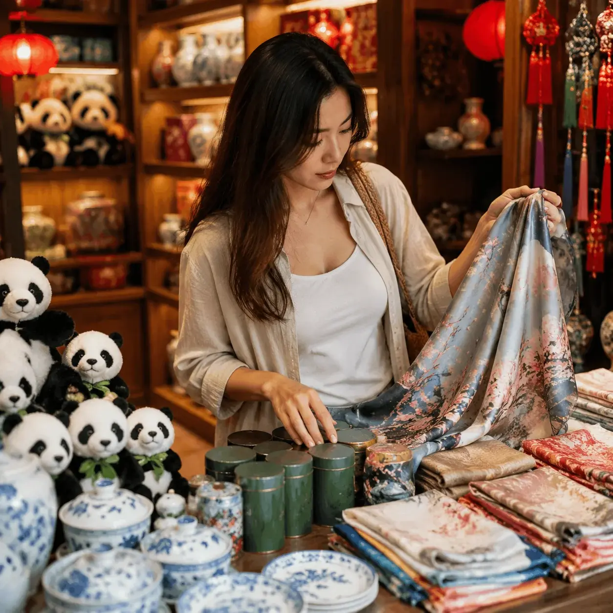 A traveler browses silk, tea, toys, and porcelain at a Chinese souvenir stall.