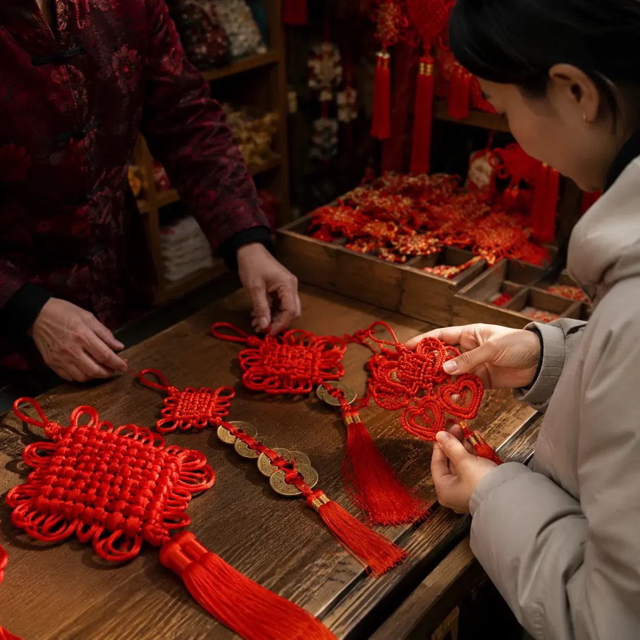 A shopper and vendor examine several different red Chinese knots arranged on a market counter.