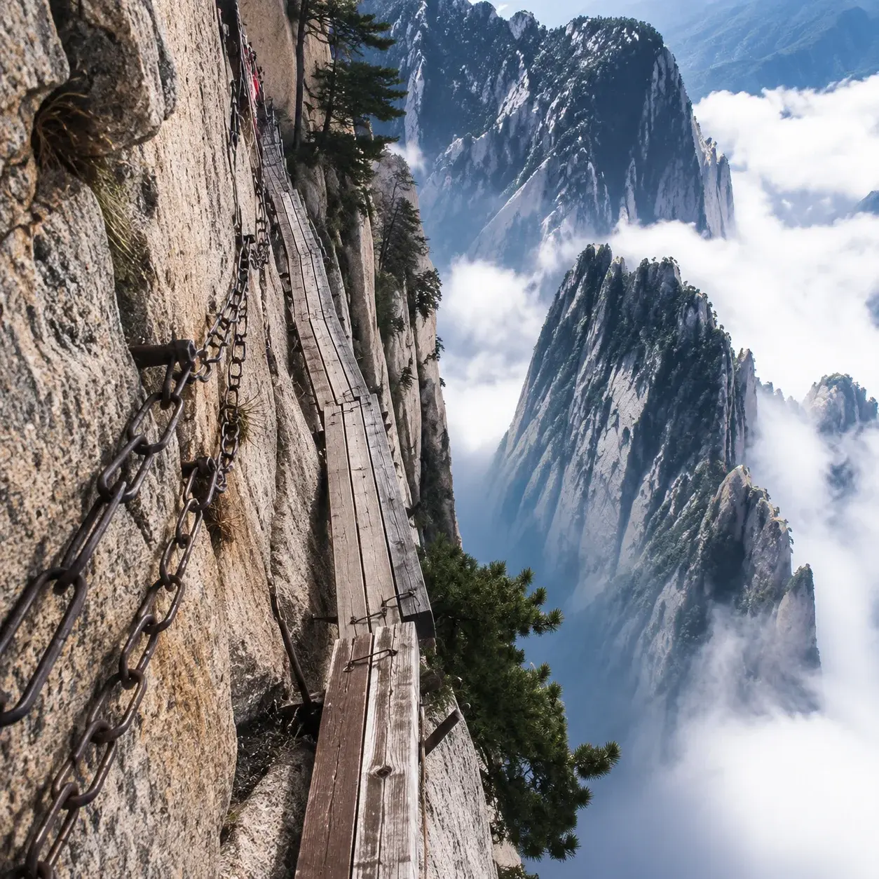 The sheer granite cliffs and plank path of Mount Hua, sheerest of the Five Great Mountains
