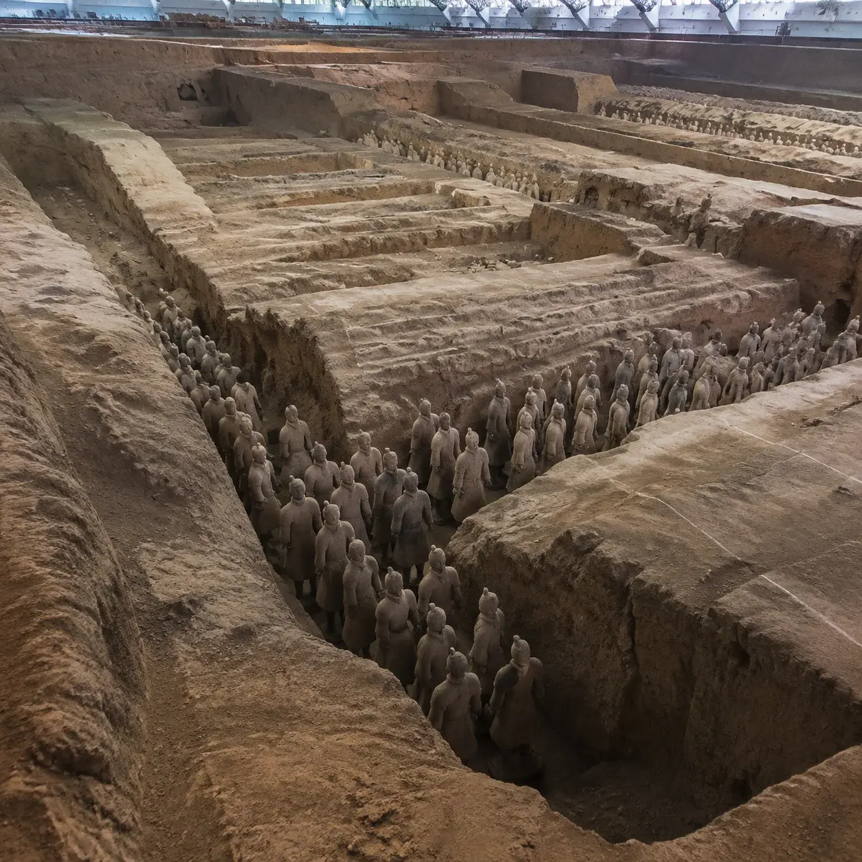 The partly excavated trenches of Pit 2 at the Terracotta Warriors site near Xi'an
