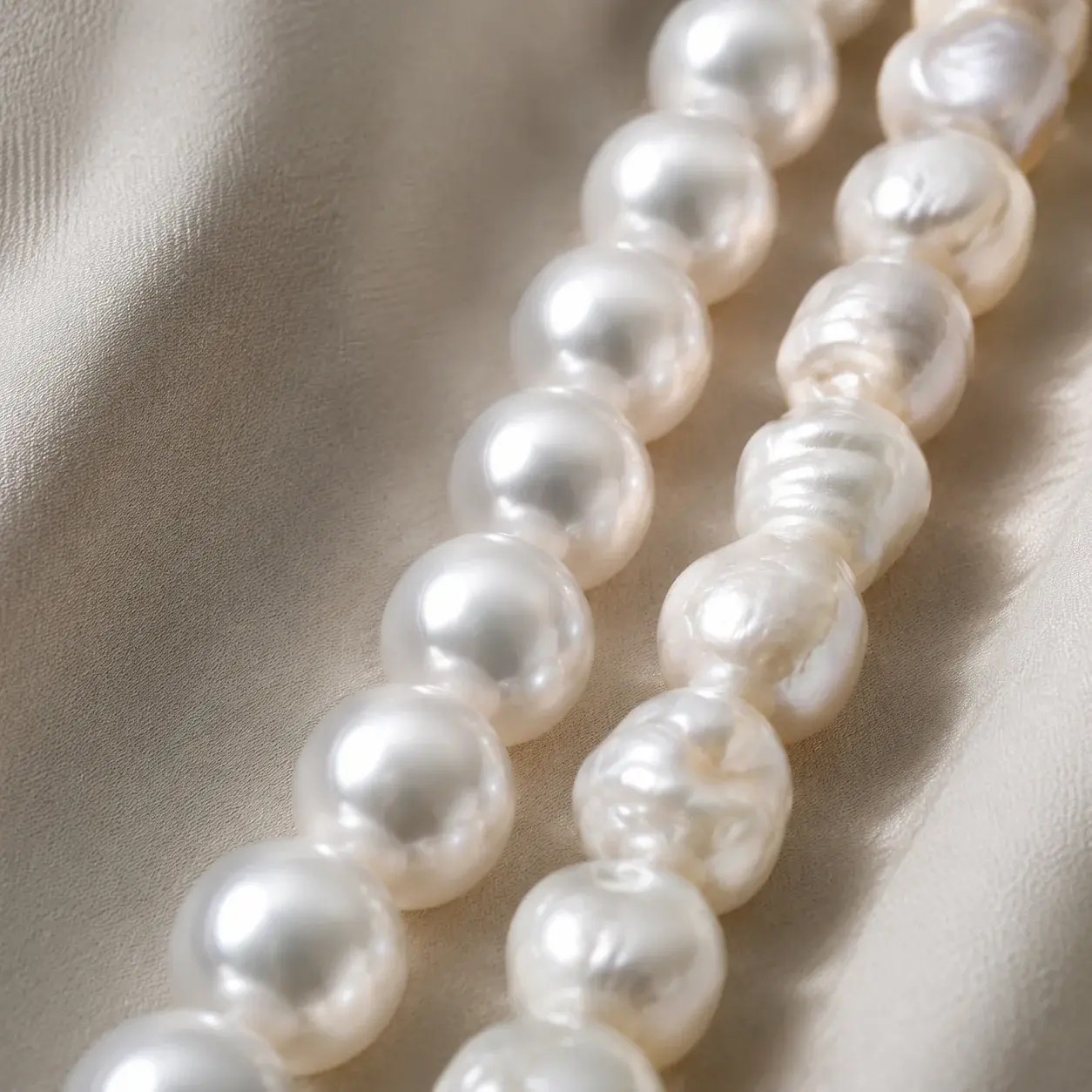 Close-up comparing round saltwater and off-round freshwater pearl strands