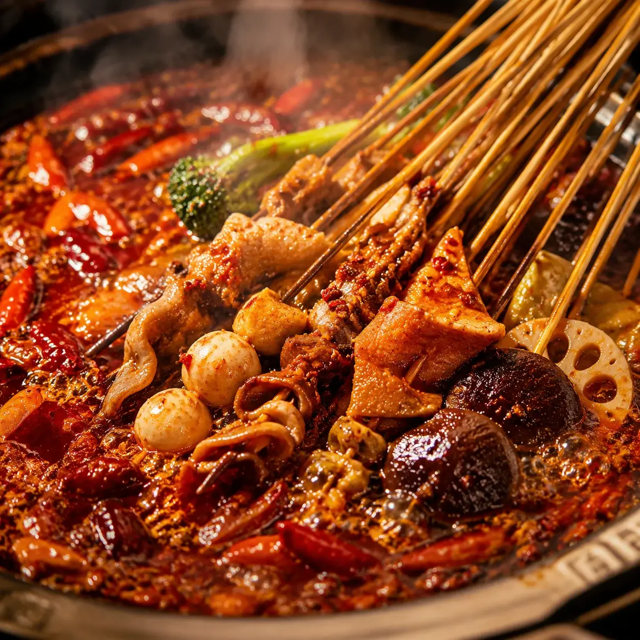 Self-select chuan chuan skewers simmering in mala broth