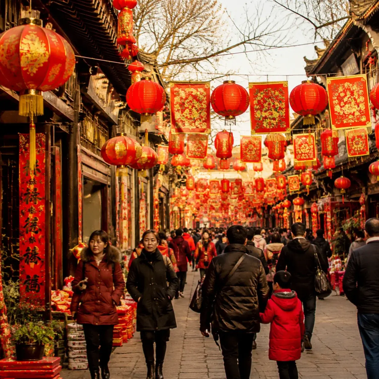 A Chinese street decorated with red lanterns and banners for Spring Festival