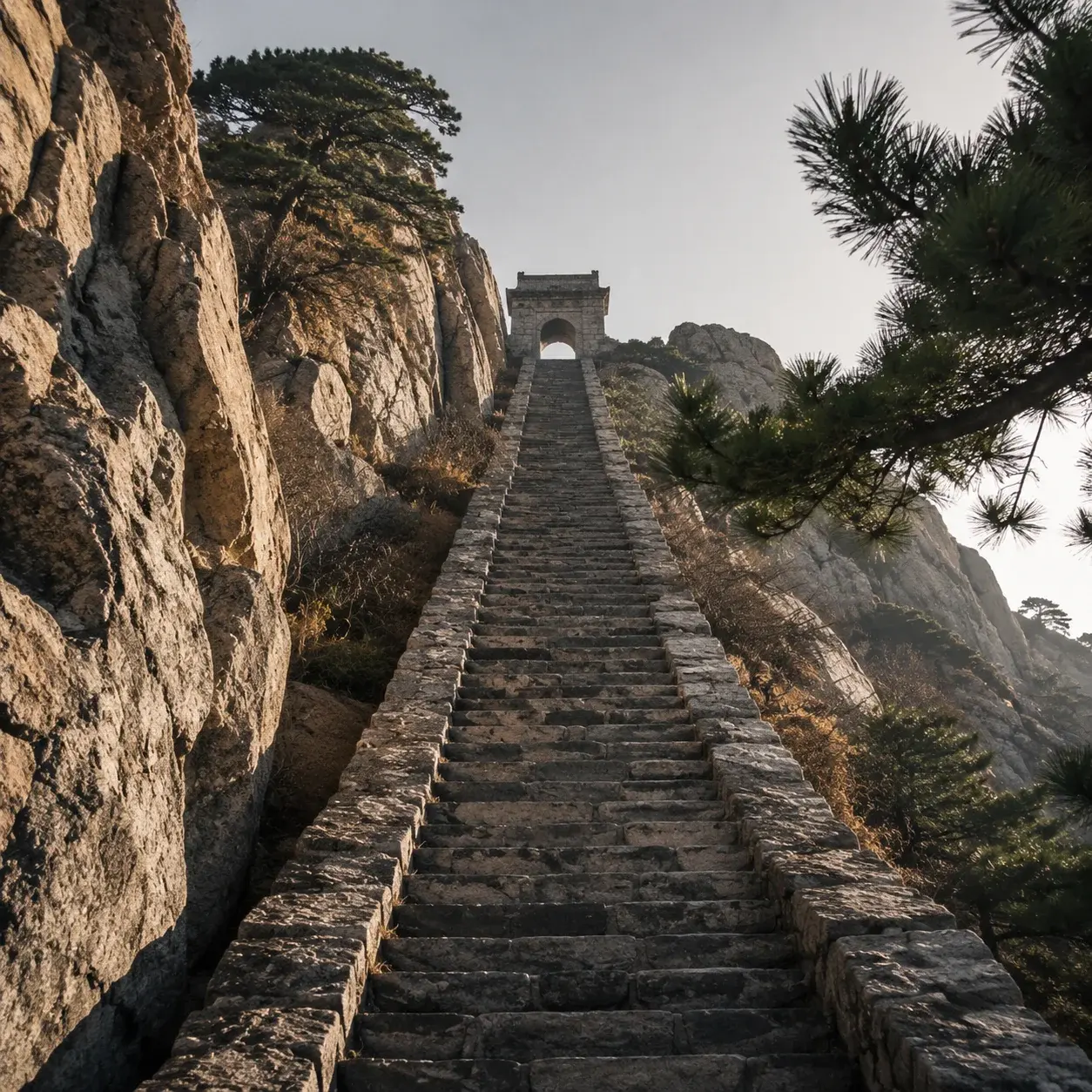 The steep Eighteen Bends stone stairway rising toward South Heaven Gate on Mount Tai