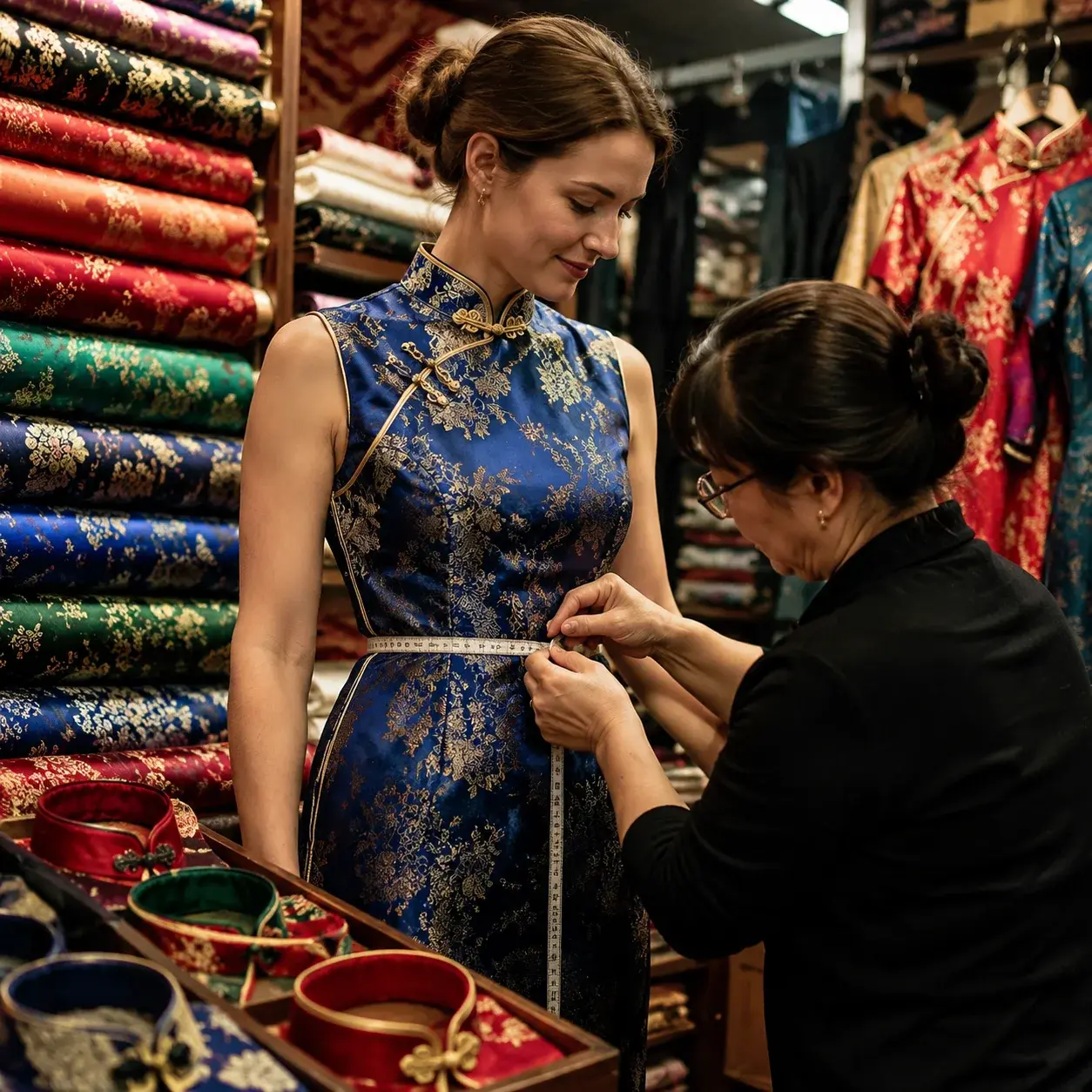 A tailor measures a traveler for a custom qipao inside a Shanghai fabric market lined with colorful silk.