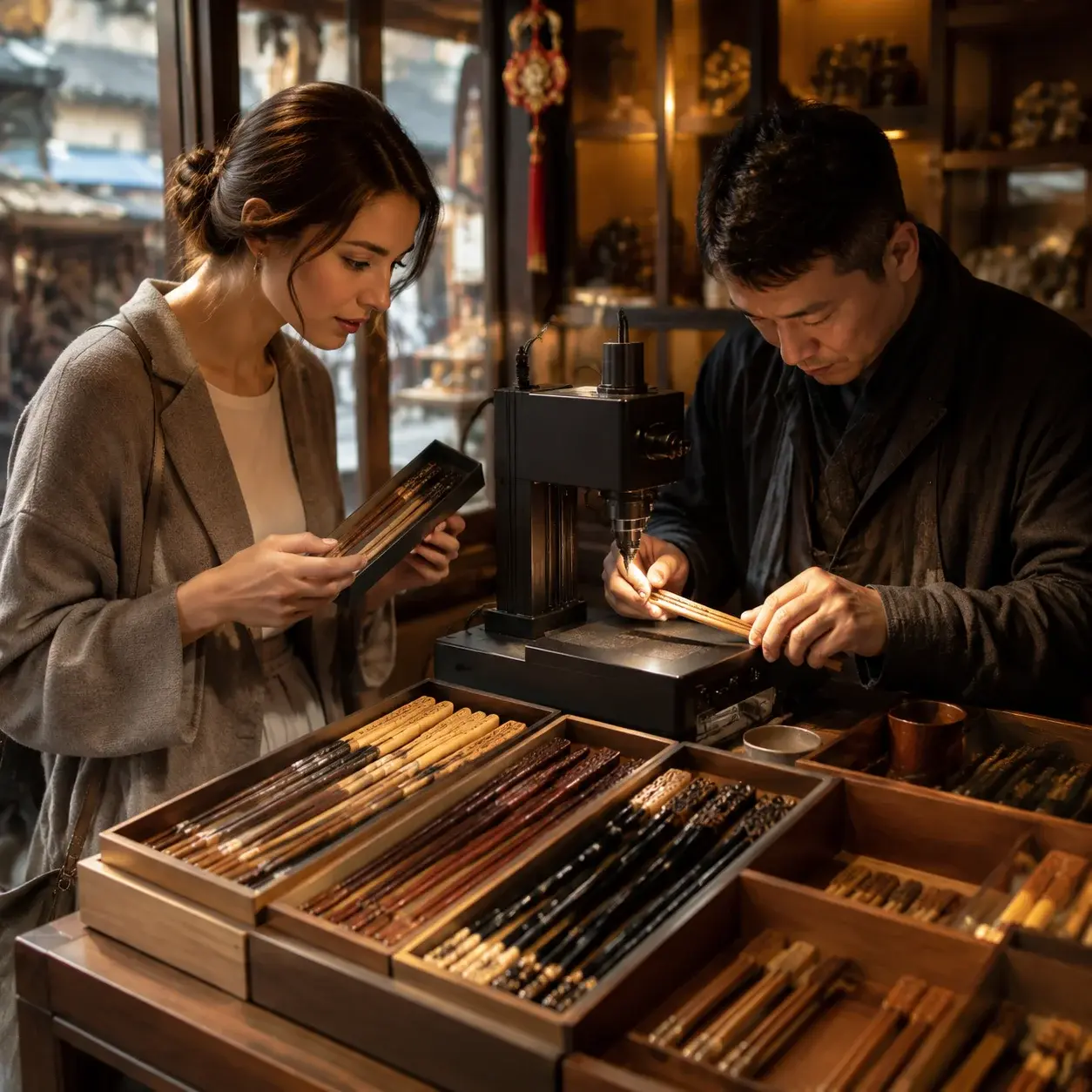 A traveler shops for boxed wooden chopsticks at a Chinese market counter while a pair is being engraved.