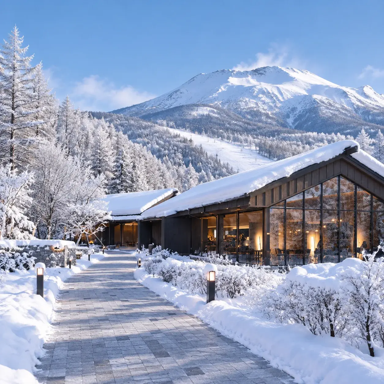 A snow-covered resort village at the foot of the Changbai Mountain massif in northeast China