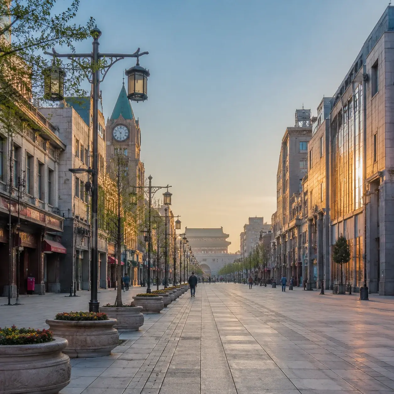 The Wangfujing pedestrian street entrance in soft, uncrowded morning light