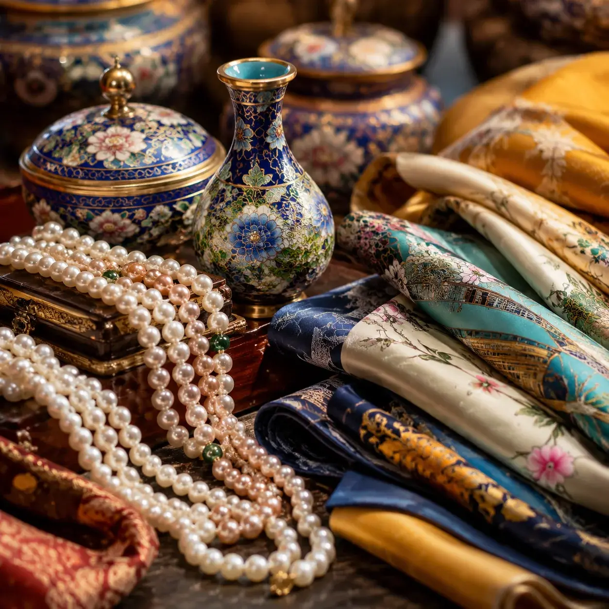 A market display of Beijing souvenirs: pearls, silk scarves and cloisonné