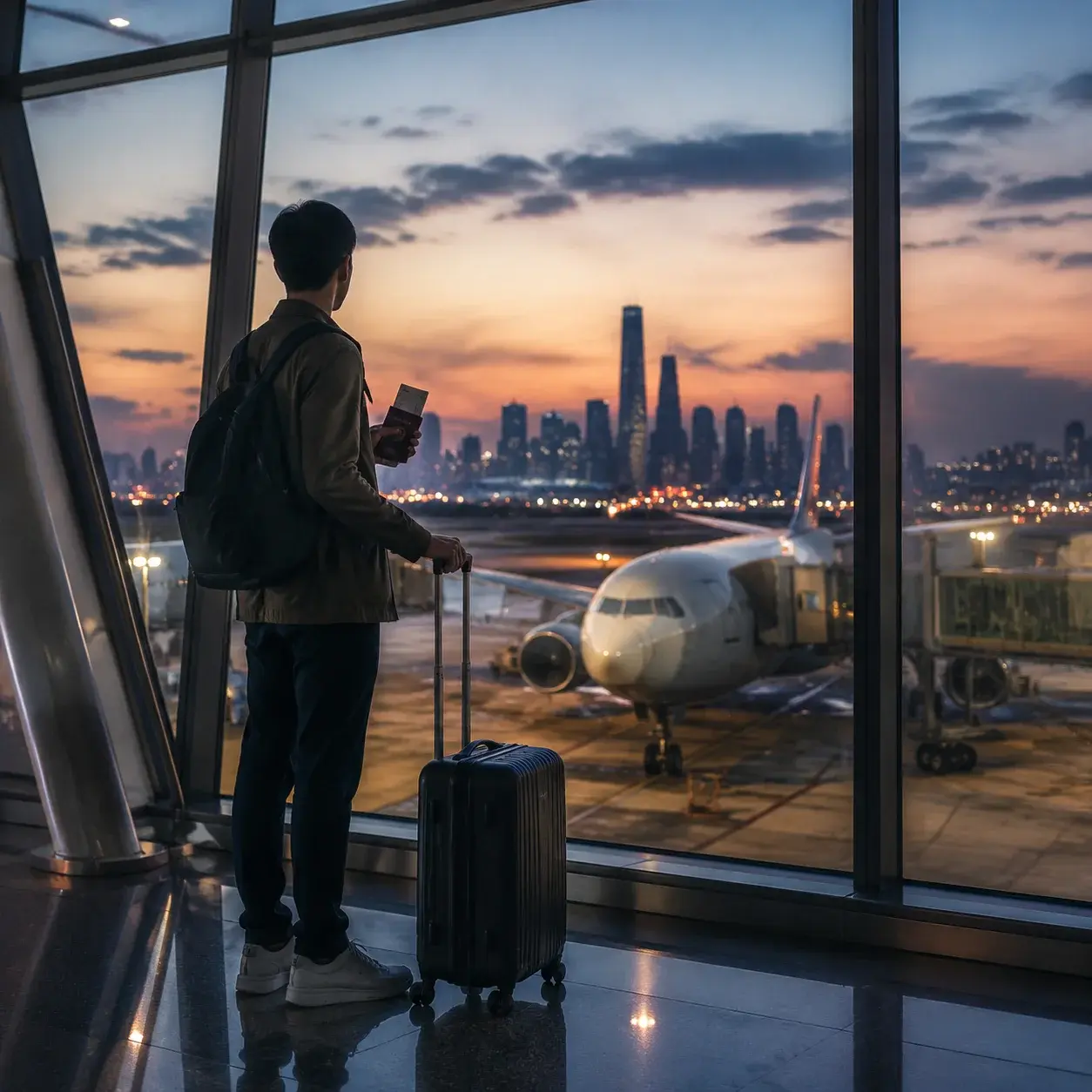A solo traveler with a passport and carry-on stands by an airport window in China, looking out at a plane at dusk.