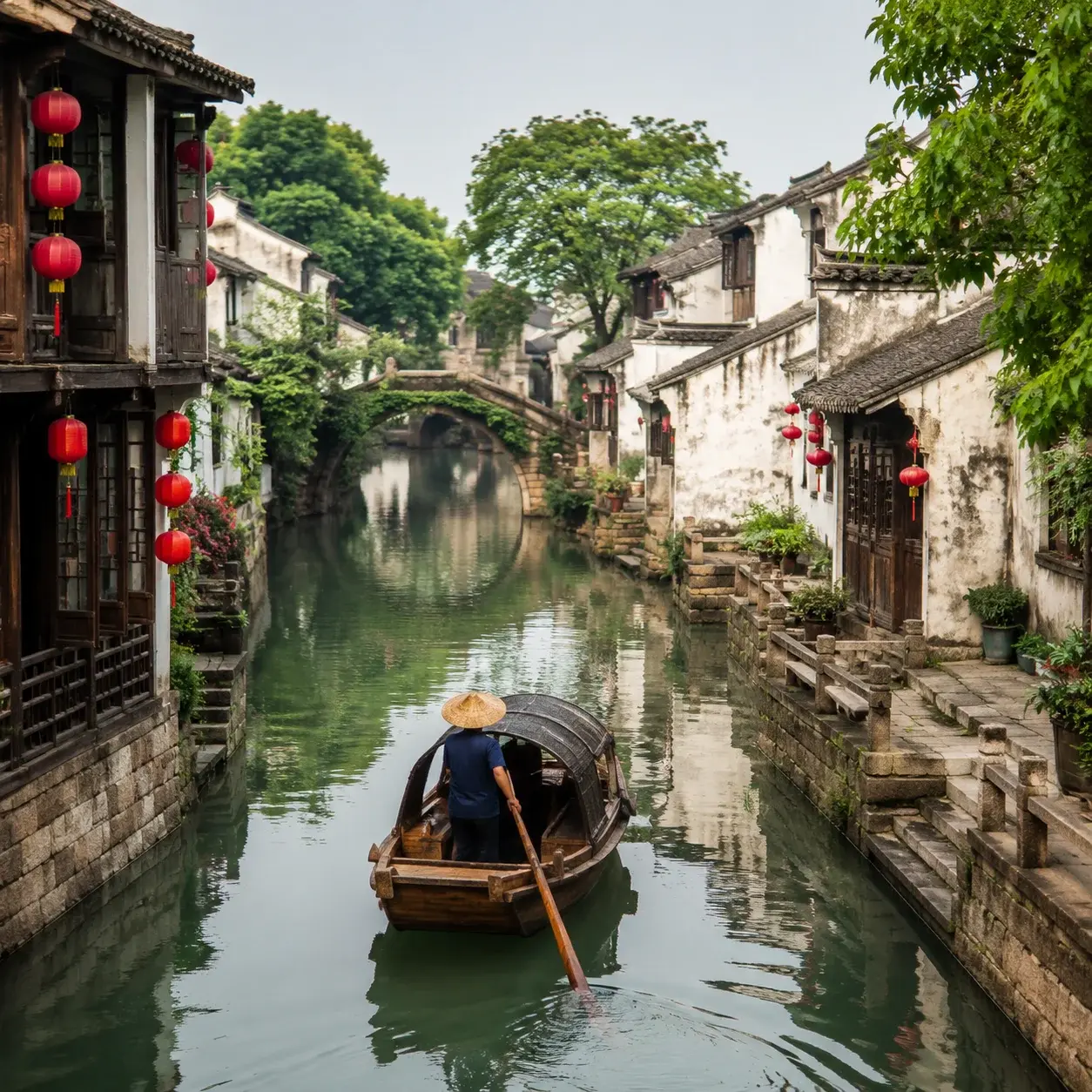 A wooden boat drifting down a quiet canal between old houses in a Jiangnan water town