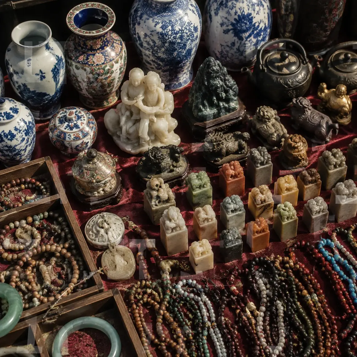 A stall crowded with porcelain, jade and curios