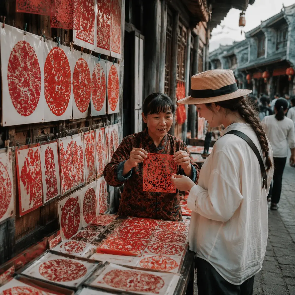 A traveler looking at handmade red paper cuttings at an artisan stall in a historic Chinese old town market