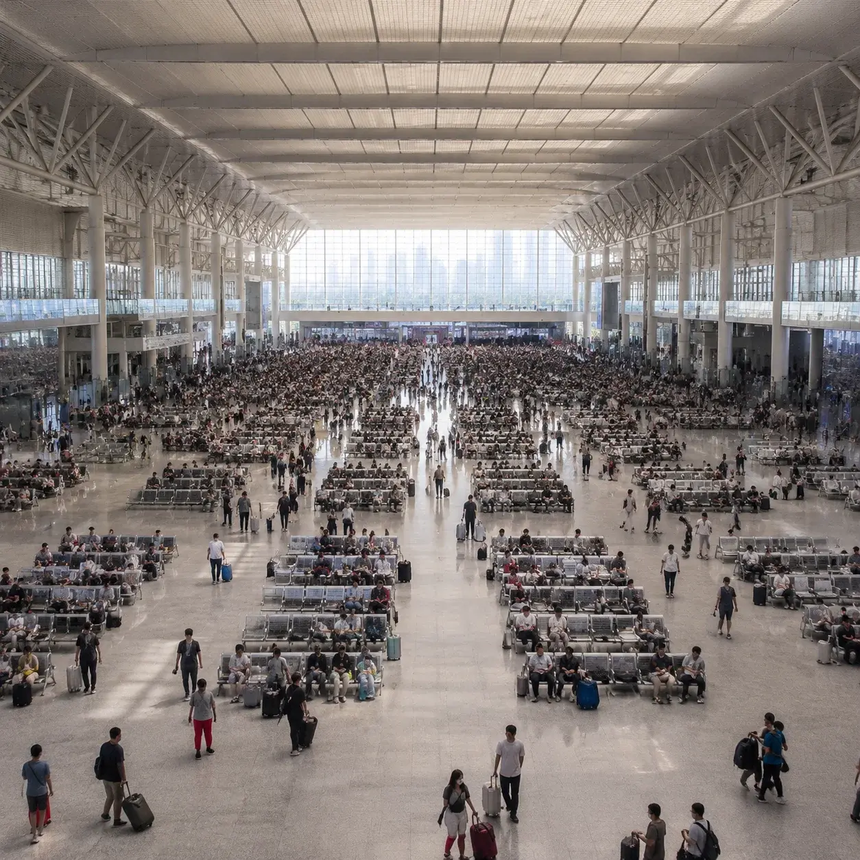 Un vaste hall d'attente en gare — prévoyez 60 à 90 minutes dans les grandes gares