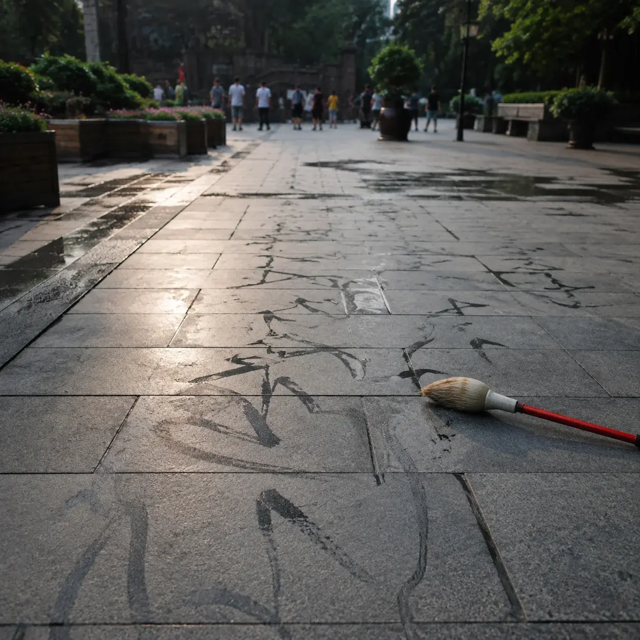 太極拳愛好者在公園地磚上以水寫字，墨跡漸乾——這是中國公園早晨常見的活動之一