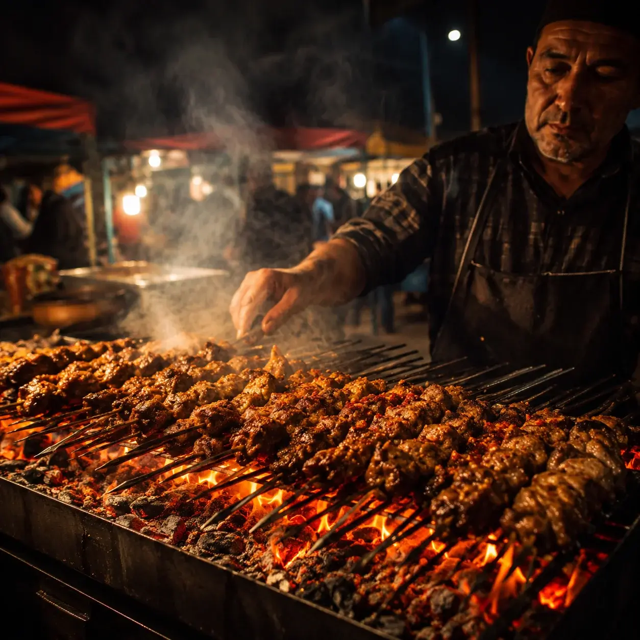 Skewers grilling at a night market