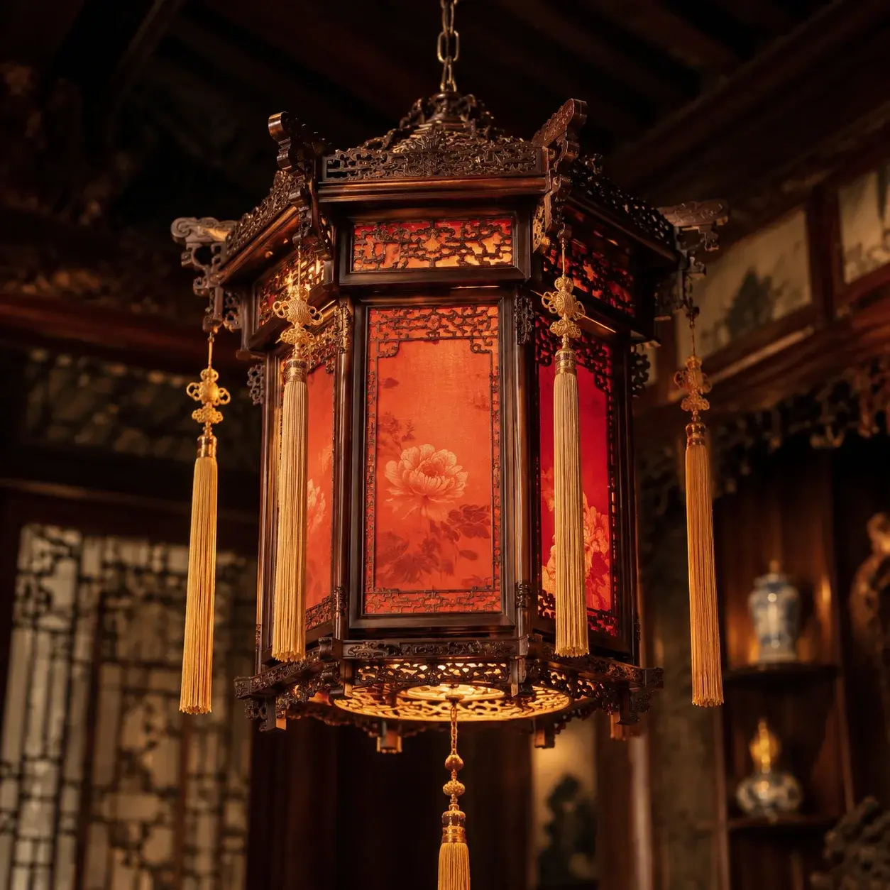 An ornate Chinese palace lantern with a carved wooden frame, silk panels, and gold tassels glowing warmly indoors.