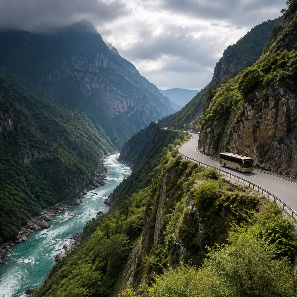 Overland mountain road through Tiger Leaping Gorge on the ascent from Lijiang to Shangri-La