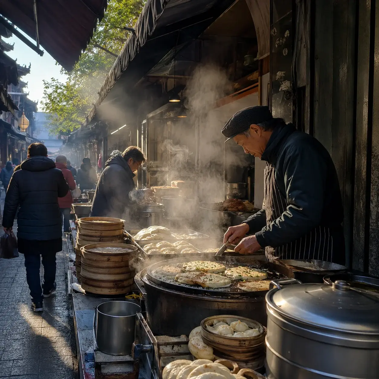 A street food stall cooking to order on a Chinese food street